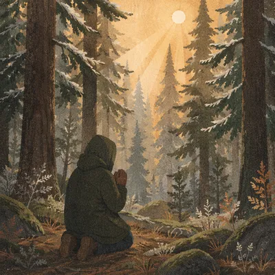 Kneeling Prayer in Evergreen Forest