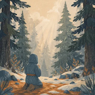 Kneeling Prayer in Winter Evergreen Forest