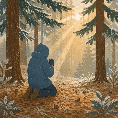 Kneeling Prayer Beneath Winter Evergreens