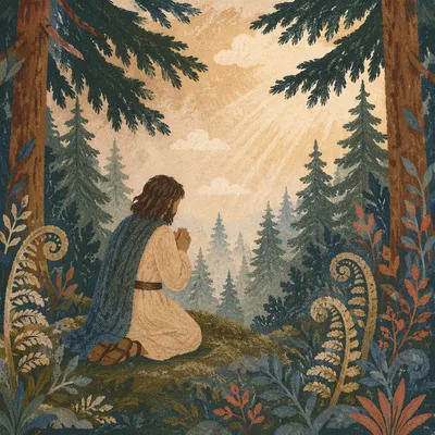 Kneeling Prayer in Evergreen Forest
