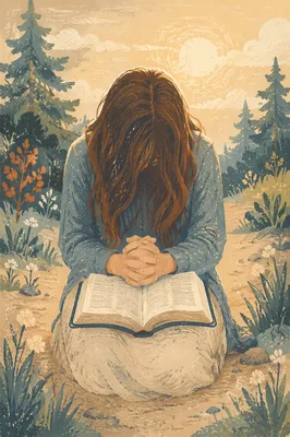 Kneeling Prayer on Evergreen Woodland Path