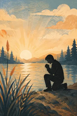 Kneeling Prayer at Misty Evergreen Dawn