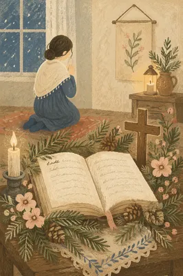 Kneeling Figure Beside Open Prayer Journal