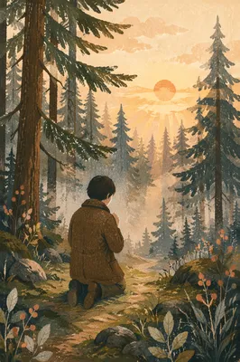 Kneeling Prayer Beneath Evergreen Morning Light