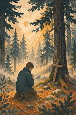 Kneeling Prayer Beneath Evergreen Forest Light