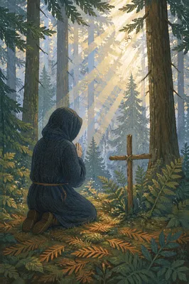 Kneeling Prayer in Evergreen Forest