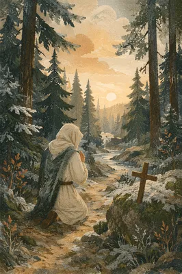 Kneeling Prayer on Evergreen Forest Path