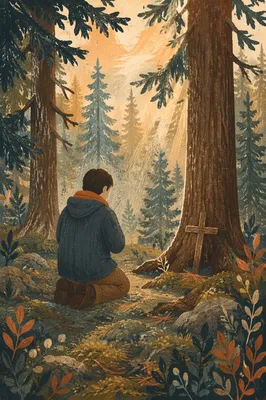Kneeling Prayer in Evergreen Forest