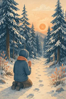 Kneeling Prayer Beneath Snowy Evergreens