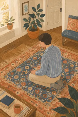 Kneeling in Prayer on Vintage Rug