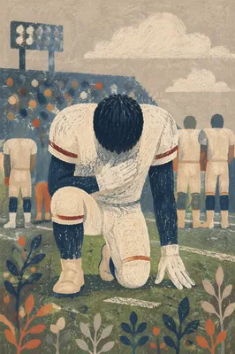 Kneeling Athlete in Prayer on Evergreen Turf