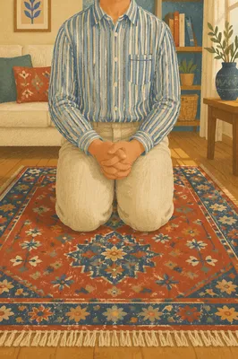 Faceless Kneeling Prayer in Cozy Home