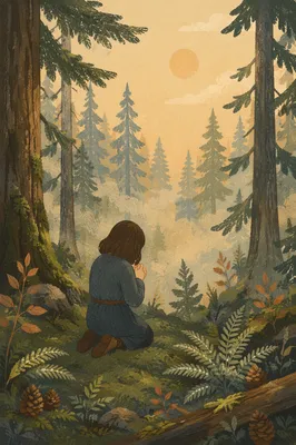 Kneeling Prayer in Misty Evergreen Forest