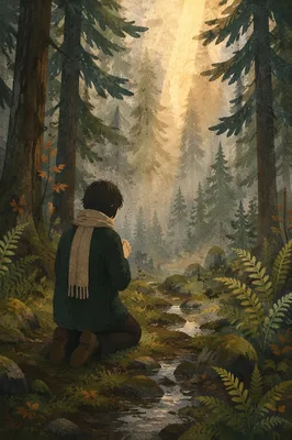 Kneeling Prayer in Misty Evergreen Forest