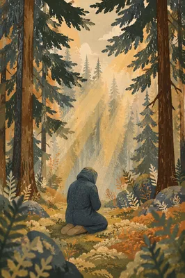 Kneeling Prayer Beneath Evergreen Trees
