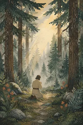 Kneeling Prayer in Evergreen Forest Mist