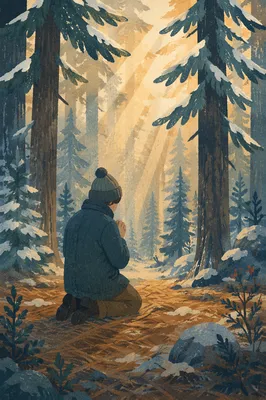 Kneeling Prayer in Evergreen Winter Forest