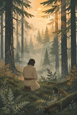 Kneeling Prayer in Misty Evergreen Forest