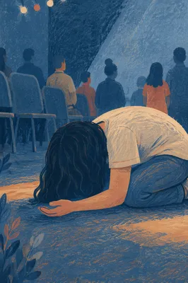 Person Kneeling in Blue Lit Room