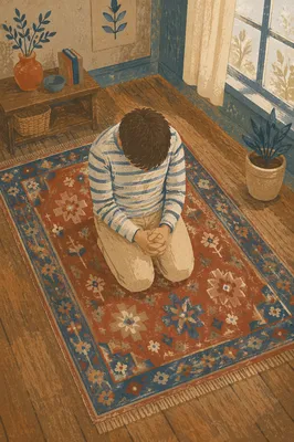 Quiet Kneeling Prayer on Vintage Rug