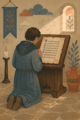 Solitary Kneeling Prayer Before Wooden Lectern