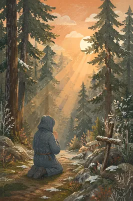 Kneeling Prayer Beneath Evergreen Sunrise