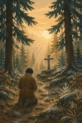 Kneeling Prayer Beneath Evergreen Sunrise
