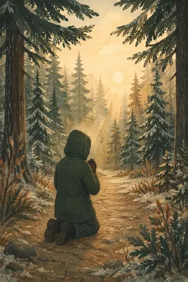 Kneeling Prayer on Evergreen Forest Path