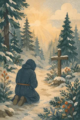 Kneeling Prayer on Evergreen Forest Path