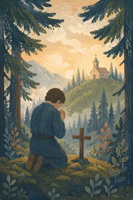 Kneeling Prayer in Evergreen Forest Clearing
