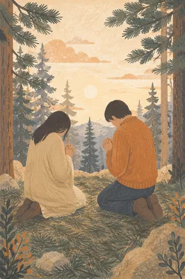Two Kneeling Figures Praying in Pine Grove