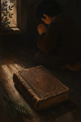 Kneeling Prayer with Evergreen and Aged Book