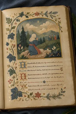 Antique Manuscript Page with Prayer Illustration