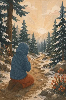 Kneeling Prayer on Snowy Evergreen Path
