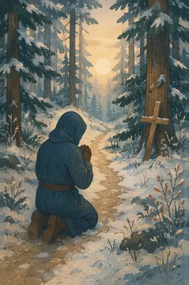 Kneeling Prayer on Snowy Evergreen Path