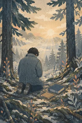 Kneeling Prayer Beneath Evergreen Dawn