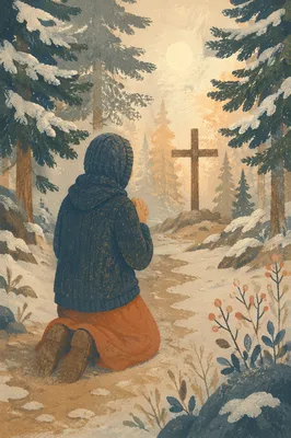 Kneeling Prayer on Snowy Evergreen Path
