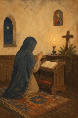Hooded Figure Praying in Candlelit Chapel