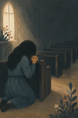 Solitary Prayer Beside Wooden Chapel Pew