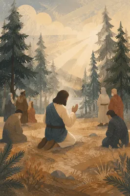 Kneeling Prayer in Evergreen Morning Clearing