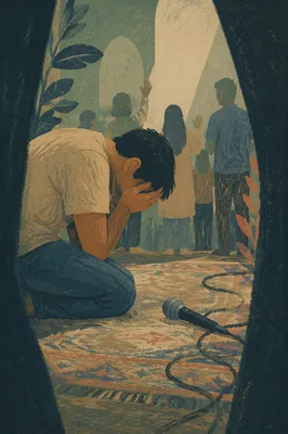 Kneeling Figure Beside Microphone in Dim Light