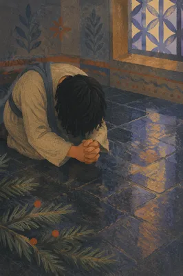 Humble Prayer on Evergreen Stone Floor
