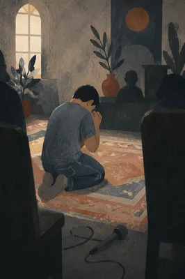 Person Kneeling in Dim Prayer Room