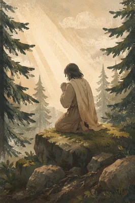 Kneeling Prayer in Misty Evergreen Forest