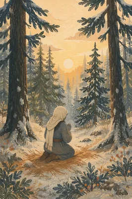 Kneeling Prayer in Evergreen Winter Forest