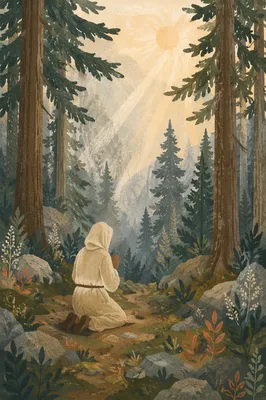 Kneeling Prayer in Misty Evergreen Forest