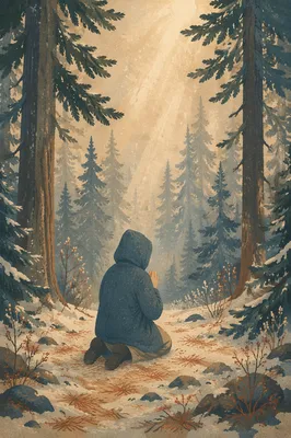 Kneeling Prayer in Winter Evergreen Dawn