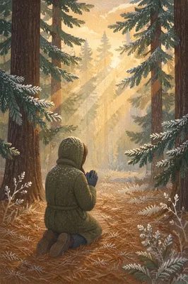 Kneeling Prayer Beneath Winter Evergreens