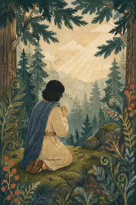 Kneeling Prayer in Evergreen Forest Mist