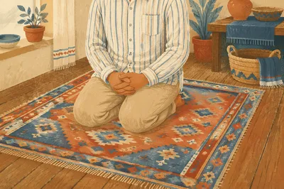Quiet Kneeling Prayer on Patterned Rug